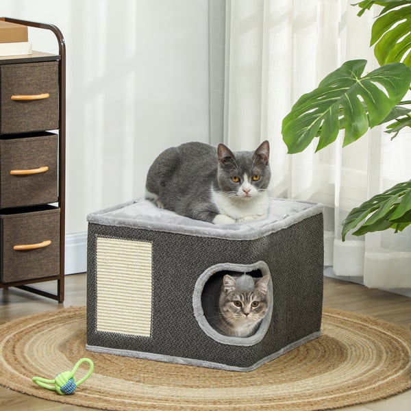 PawHut Kratztonne, 35 cm hoch Katzentonne mit Höhle, Kratzbaum mit Spielball, Katzenturm aus Sisal, für Katze bis 6 kg, Dunkelgrau+Cremeweiß
