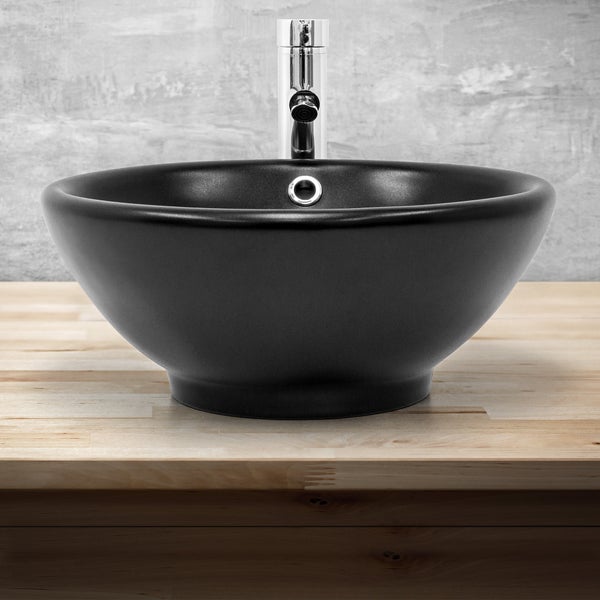 ML-Design Waschbecken aus Keramik in Schwarz matt Ø 420x170 mm mit Ablaufgarnitur, Runde Aufsatzwaschbecken, Moderne Waschtisch, Waschschale mit Überlauf und Abflussloch, Waschplatz Handwaschbecken