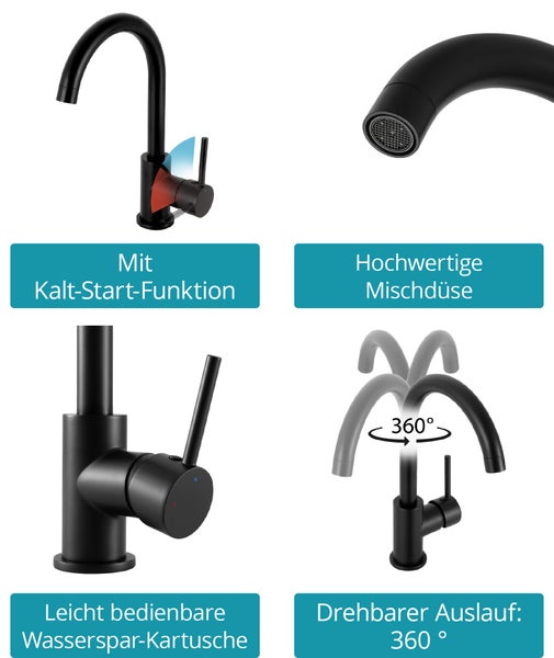 Schwarze Küchenarmatur mit Kalt-Start-Funktion, hochwertiger Mischdüse, leicht bedienbarer Wasserspar-Kartusche und 360 Grad drehbarem Auslauf.