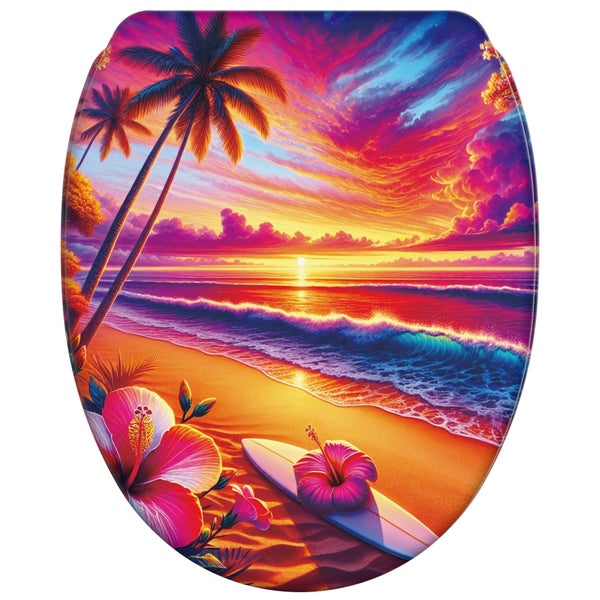 Toilettensitz mit aufgedrucktem Strandmotiv inklusive Palmen, Surfbrett und Hibiskusblüten bei Sonnenuntergang.