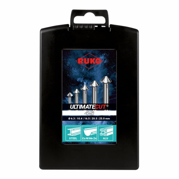 Ruko Kegelsenker Satz ULTIMATE CUT 4S in schwarzer Kunststoffkassette, Durchmesser 6,3 bis 25,0 Millimeter, geeignet für Stahl und Aluminium.
