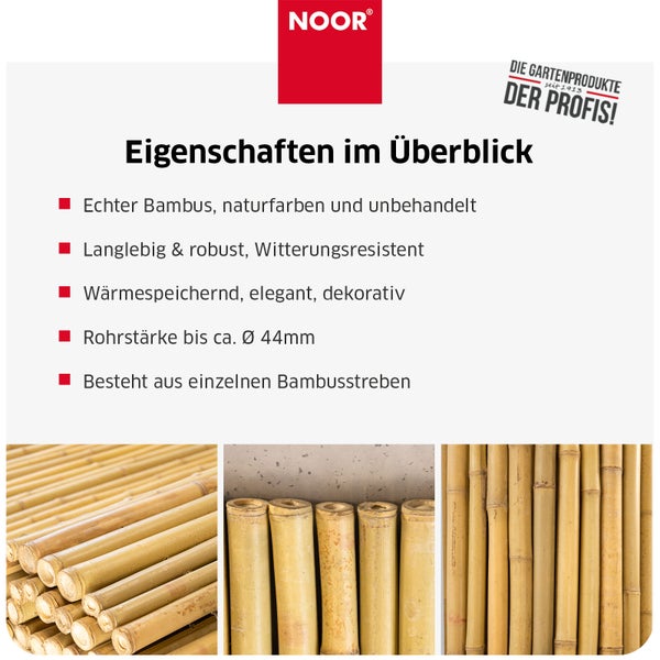 Infografik der Noor Bambusstangen mit technischen Daten und Anwendungsbeispielen aus Naturmaterial.