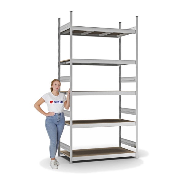 PROREGAL Weitspannregal Stecksystem T-Profil Grundregal HxBxT 300x150x60 cm 5 Ebenen Spanplatten Fachboden Fachlast 350 kg Verzinkt