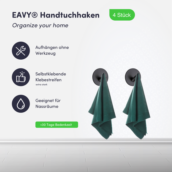EAVY Handtuchhaken, 4er-Set, selbstklebend, werkzeuglose Montage, geeignet für Nassräume, rundes Design.
