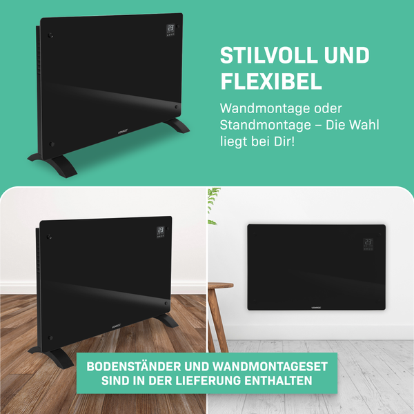 Schwarzer Glasheizkörper mit digitaler Anzeige für Wand- oder Standmontage