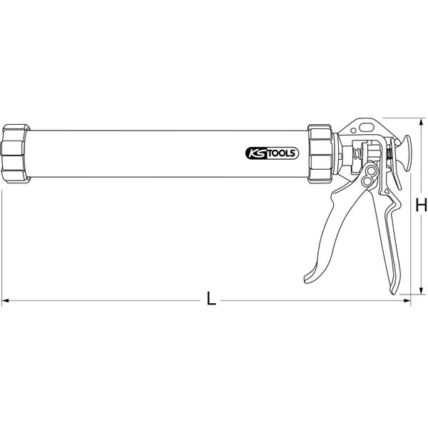 KS Tools Logo. Abbildung einer Kartuschenpistole mit Maßangaben zu Länge und Höhe.