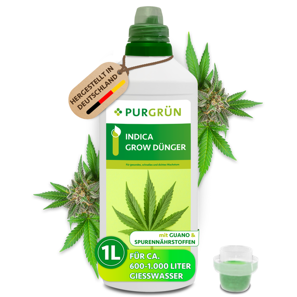 Purgrün Indica Grow Dünger, flüssiger Pflanzendünger mit Guano und Spurennährstoffen in einer 1 Liter Flasche, hergestellt in Deutschland.