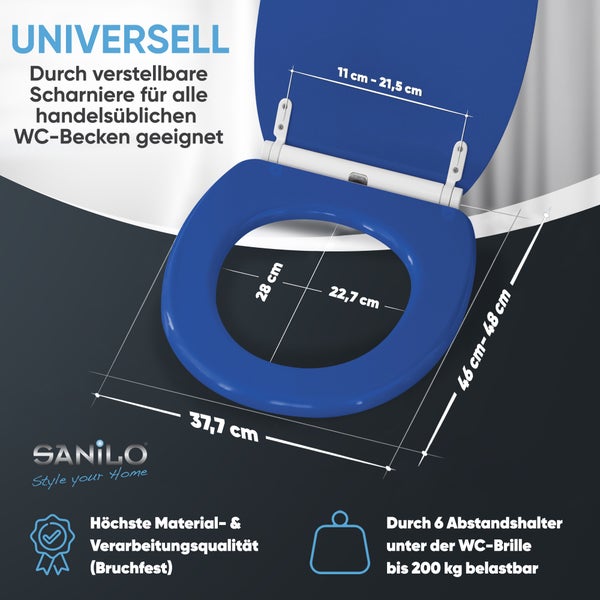 Blauer Toilettensitz mit verstellbaren Scharnieren, Belastbarkeit bis 200 Kilogramm und bruchfestem Material. Sanilo Logo.
