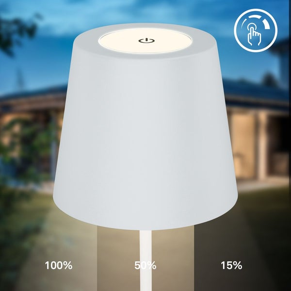 Dimmbare LED-Außenleuchte mit Touch-Funktion und drei Helligkeitsstufen: 100 Prozent, 50 Prozent und 15 Prozent.