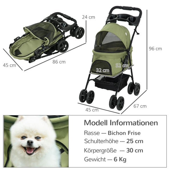 PawHut Hundewagen Hundebuggy mit Klappfunktion Pet Stroller für kleine Hunde und Katzen Haustierwagen Katzenbuggy Oxford Dunkelgrün 67 x 45 x 96 cm