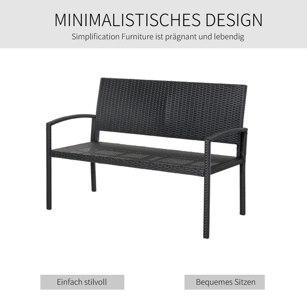 Outsunny Gartenbank, Sitzbank in Rattanoptik, für 2 Personen, bis 320 kg Belastbar, 122 x 60 x 85cm, PE Polyrattan, Stahl, Schwarz