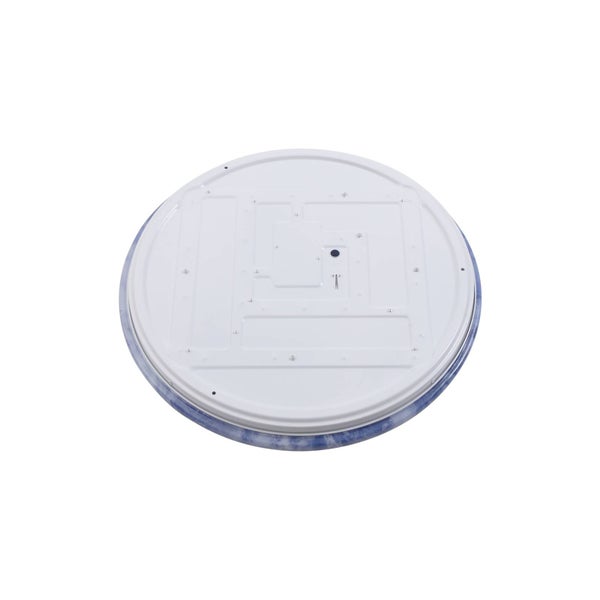 Runde LED-Deckenleuchte mit weißer Abdeckung und blau gemustertem Rand.