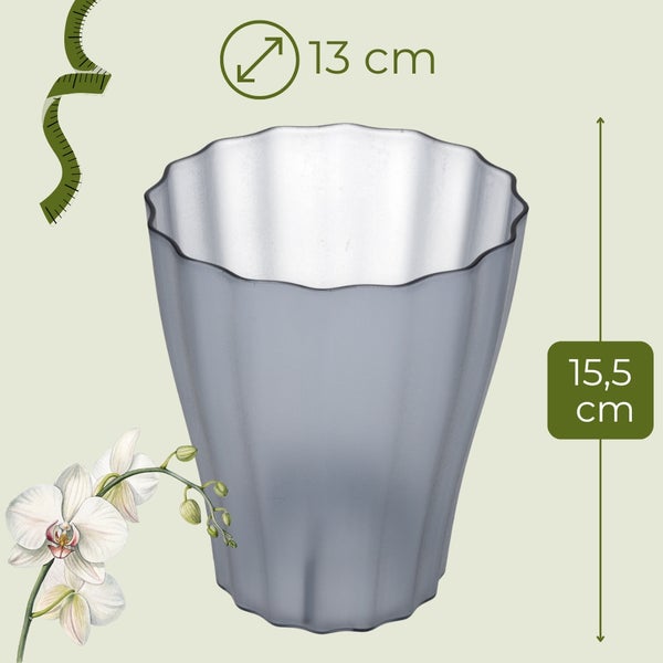 Grauer Blumentopf mit den Maßen 13 cm Durchmesser und 15,5 cm Höhe