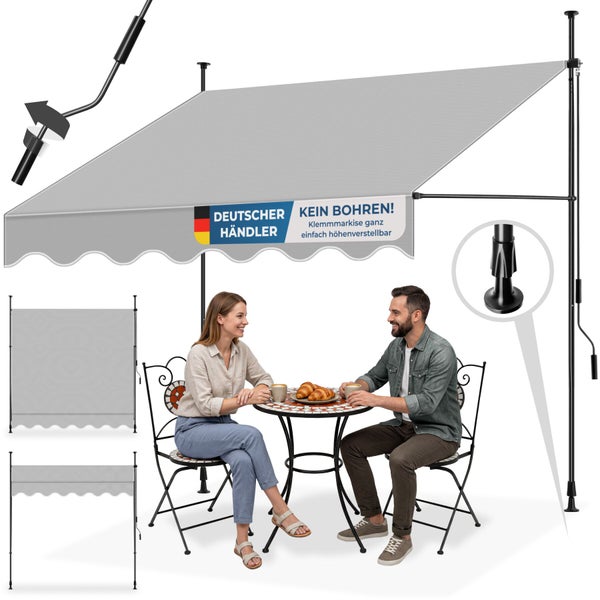 Graue Klemmmarkise ohne Bohren über einem Bistrotisch mit zwei Personen, inklusive Detailansichten der Teleskopstangen und Handkurbel.