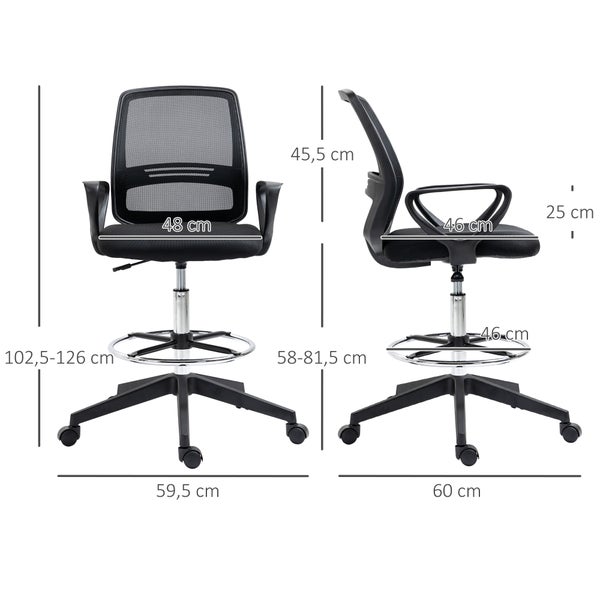 Vinsetto, Arbeitsstuhl, Ergonomischer Drehstuh, L59,5 x T60 x H102,5–126 cm, Netzgewebe, Schwarz