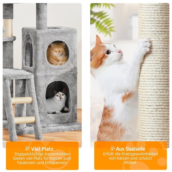 Katzenkratzbaum mit Katzen in den Höhlen und Katze beim Krallenwetzen an einem Sisalstamm