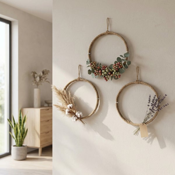 Drei dekorative Wandkränze aus Juteseil, verziert mit getrockneten Blumen, Beeren und Baumwolle in einem modern eingerichteten Raum.