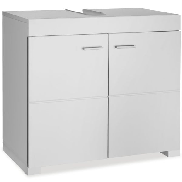Waschbeckenunterschrank mit zwei Türen und silbernen Griffen für Badezimmermöbel.
