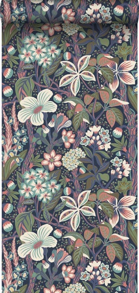 Borastapeter Tapete tropische Blätter und Blüten Graublau - 49 cm x 10.05 m - 660821