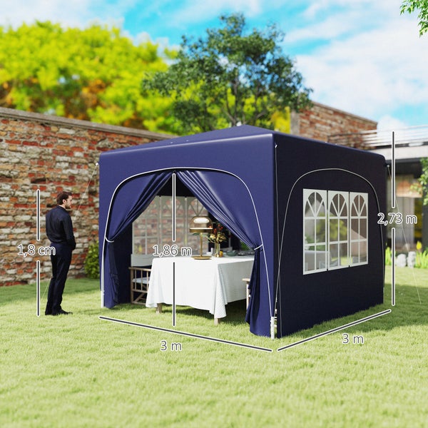 Outsunny Pavillon 3x3m, wasserabweisend Stabil Winterfest Pop-up Faltpavillon, UV Schutz 50+, Faltbar Partyzelt Gartenzelt mit 4 Seitenteilen Tasche Gartenpavillon für Camping Garten, Dunkelblau