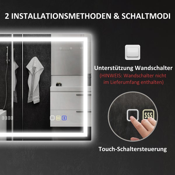 Badspiegel mit LED-Rahmen, Digitaluhr und Touch-Funktion. Darstellung der Steuerung über einen Wandschalter oder per Berührung auf dem Spiegelglas.