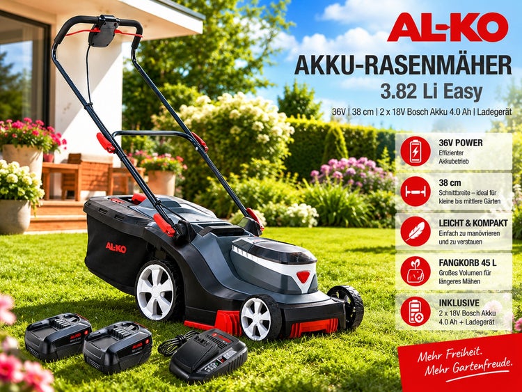 AL-KO Akku-Rasenmäher 3.82 Li Easy auf einem Rasen, 38 Zentimeter Schnittbreite, inklusive zwei 18 Volt Akkus und Ladegerät.