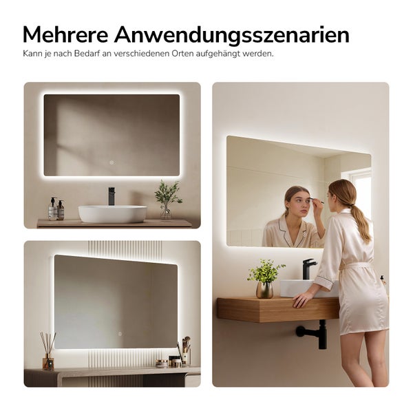LED-Badspiegel in verschiedenen Anwendungsszenarien: über einem Waschbecken im Badezimmer und über einem Schminktisch.