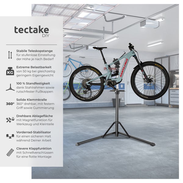 Fahrradmontageständer tectake Jan inklusive Vorderrad-Stabilisator und magnetischer Werkzeugablage Belastbarkeit 50 kg, klappbar mit Schnellverschlüssen grau/schwarz