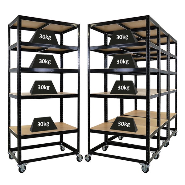 PROREGAL Mega Deal 4x Kommissionierwagen BÜFFEL Fahrbares Kommissionierregal 192x90x50cm 5 Ebenen Fachlast 50kg 2X Lenkrollen & 2X Lenkrollen mit Feststellbremse Schwarz