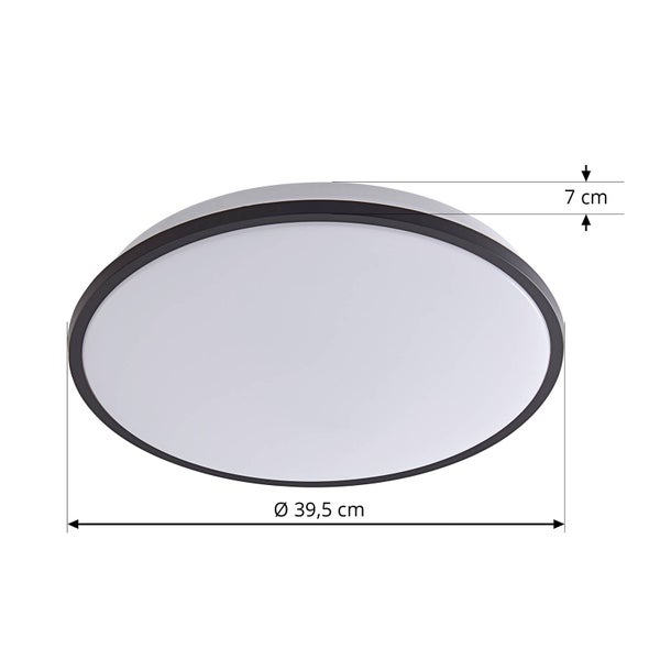 Runde Deckenleuchte mit schwarzem Rahmen, Durchmesser 39,5 Zentimeter und Höhe 7 Zentimeter.