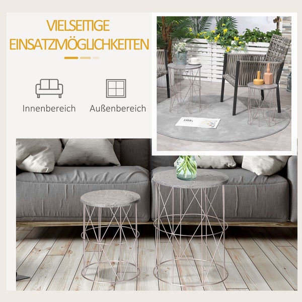 Outsunny 2er-Set  Gartentisch Couchtische Beistelltische Retro Metallkorb Drahtkorb Garten Satztisch Gartenmöbel Outdoor Balkon Metall Rose+Gold+Grau