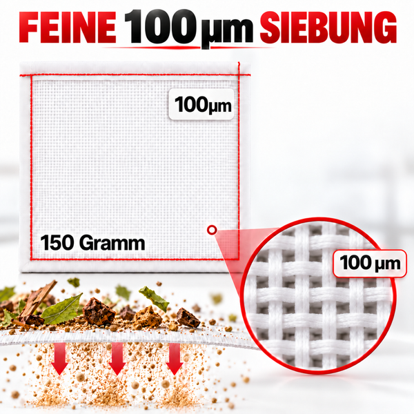 Feines Siebgewebe mit 100 Mikrometer Maschenweite und 150 Gramm Gewicht zur Partikeltrennung.
