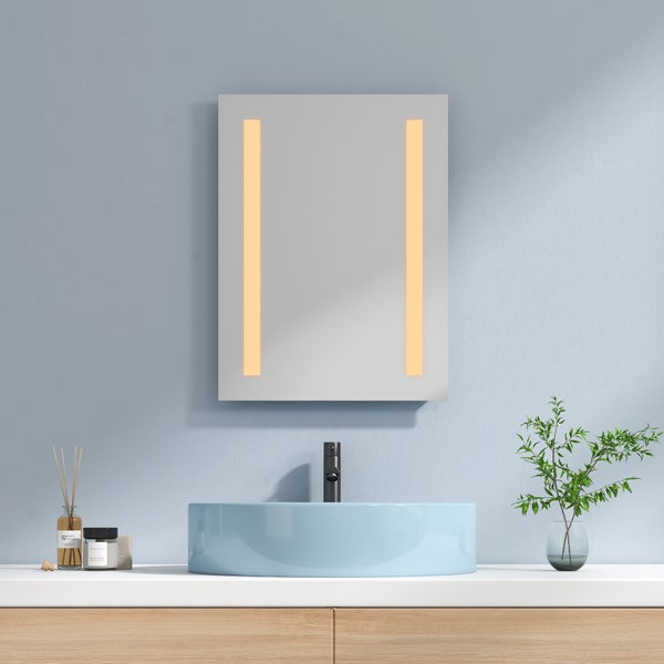 EMKE LED Badspiegel 45x60cm Badezimmerspiegel mit Taste/Beschlagschutz/Explosionssichere Folie/Warmweißes Licht und Kaltesweißes Licht Badezimmer Wandspiegel IP44