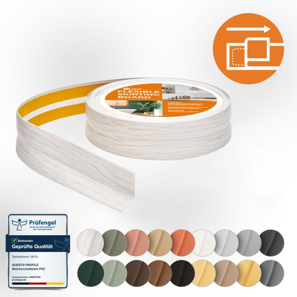 Flexible, selbstklebende Weichsockelleiste aus Kunststoff in Holzoptik auf der Rolle mit Prüfsiegel fuer gepruefte Qualitaet.