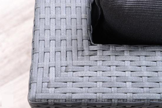 Detailansicht von Polyrattan-Geflecht eines Gartenmöbels mit Textilkissen.