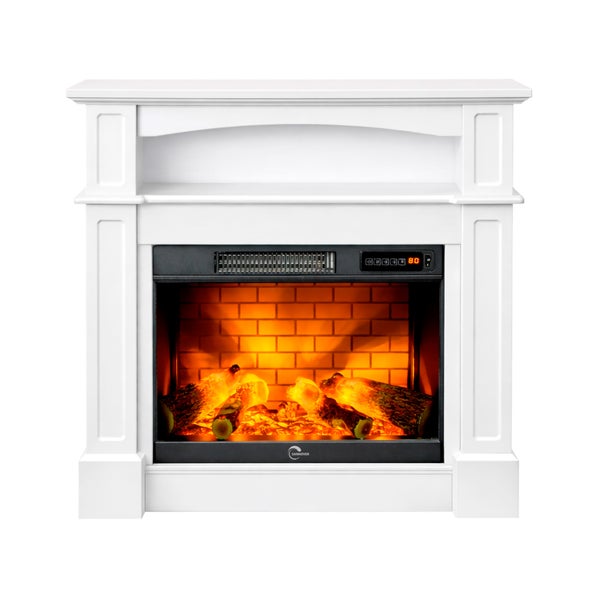 Weißer Elektrokamin mit Kaminkonsole, LED-Flammeneffekt, glühenden Holzscheiten und digitalem Display.