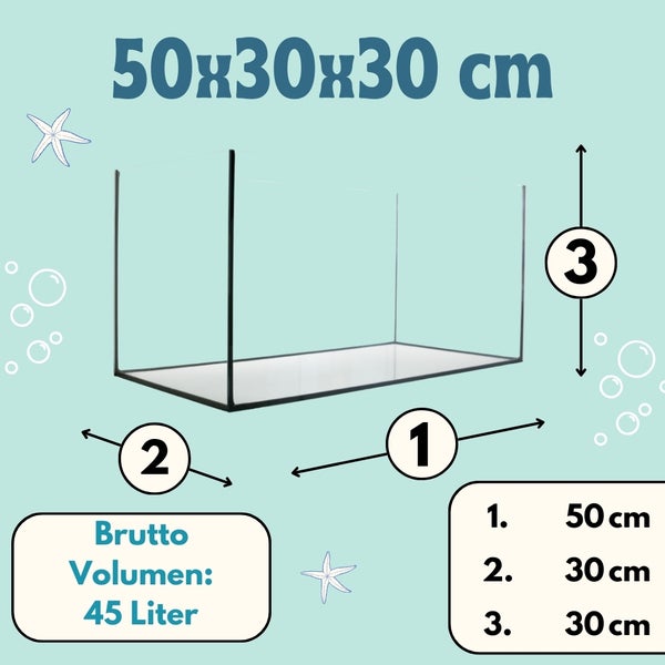 Aquarium mit den Maßen 50 x 30 x 30 Zentimeter und einem Bruttovolumen von 45 Litern