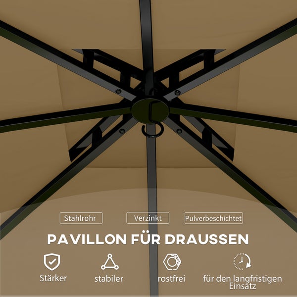 Outsunny Pavillon ca. 3,4x3,4 m wasserabweisend Gartenpavillon mit 4 Seitenteilen, Doppeldach, Partyzelt mit UV-Schutz Gartenzelt mit verzinktem Metallrahmen, für Garten Beige
