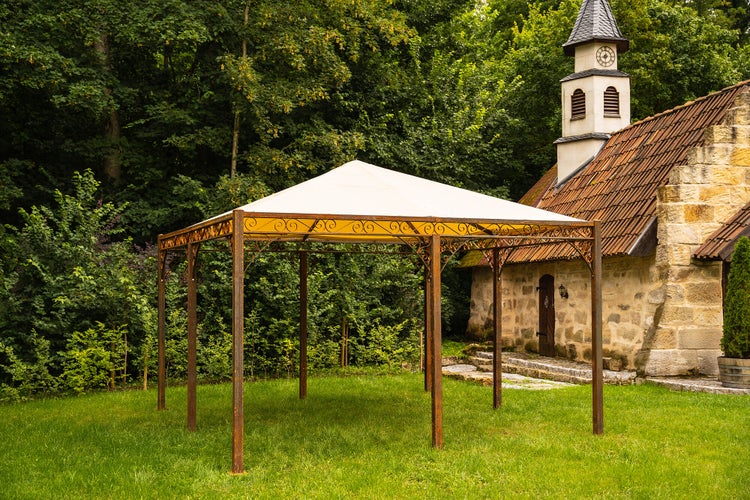 Pavillon ELEO Palermo 4 x 4 m unbeschichtet - Edelrost | mit Sonnensegel ecru