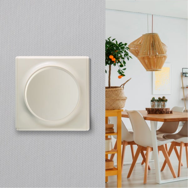 Ein Lichtschalter mit rundem Drehelement an einer texturierten Wand neben einem hellen, wohnlich eingerichteten Esszimmer.