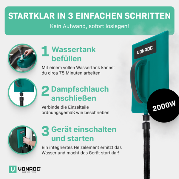 VONROC Dampftapetenablöser zum Tapeten entfernen [2000W] - Tapetenablöser mit Dampf [75 Minuten Arbeitszeit] - Tapetenlöser Dampfgerät 3,5m Schlauch und 3,5l Wassertank