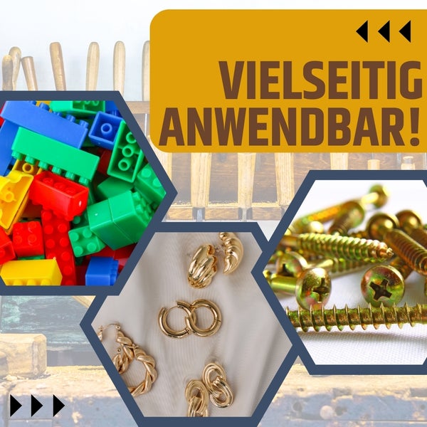 Illustration von vielseitiger Anwendbarkeit mit Spielzeugbausteinen, Schmuck und Schrauben