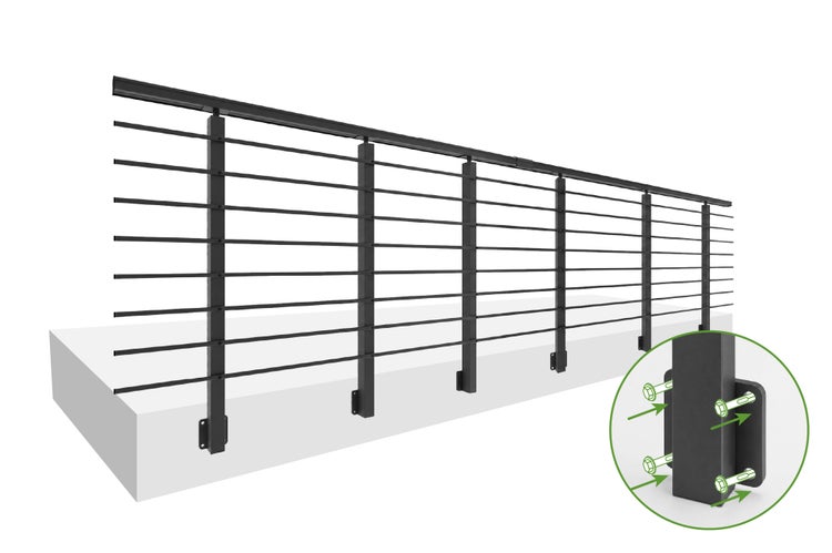 Metallgeländer für Balkon oder Terrasse mit fünf waagerechten Füllstäben und Detailansicht der Bodenbefestigung mit Schrauben.