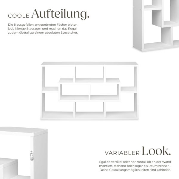 Weißes Regal mit 8 asymmetrisch angeordneten Fächern, nutzbar als Raumtrenner oder Wandregal, horizontale oder vertikale Montage möglich.