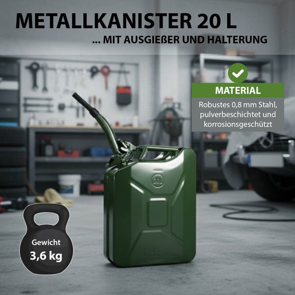 Metallkanister 20 Liter mit Ausgießer und Halterung