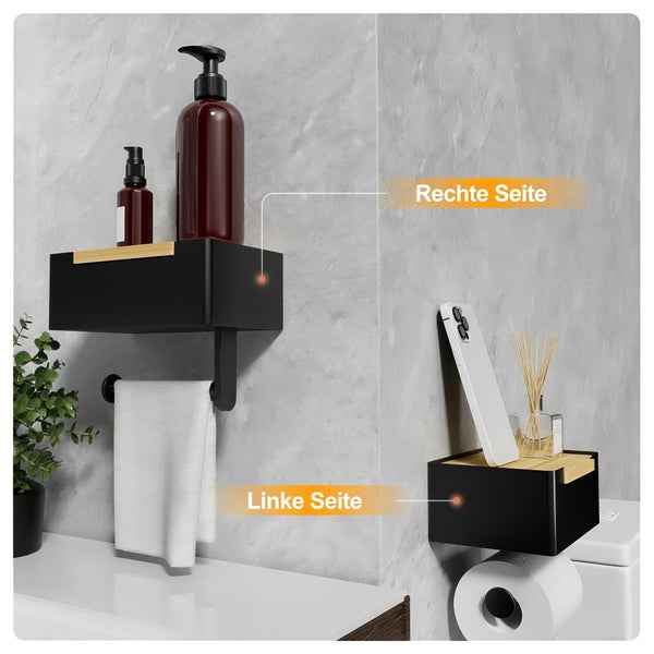 BERLINLODGE Toilettenpapierhalter mit eingebauter Box, 6,5x20x12cm, Schwarz/Bambus, Klopapierhalter mit Ablage Klorollenhalter WC Papier Halterung ohne Bohren, Selbstklebend oder zum Schrauben