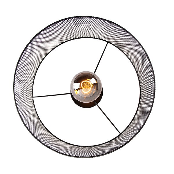 Deckenleuchte mit rundem, schwarzem Lampenschirm aus Metallgeflecht und zentraler Glühbirne.