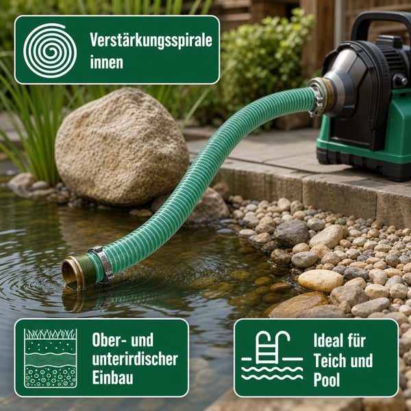 Saugschlauch mit Verstärkungsspirale für Teich und Pool, geeignet für ober- und unterirdischen Einbau, angeschlossen an eine Gartenpumpe.