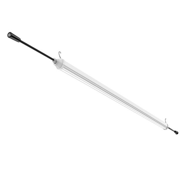 Schlanke LED-Arbeitsleuchte mit weißem röhrenförmigem Gehäuse, schwarzem Netzkabel und Aufhängehaken an beiden Enden.