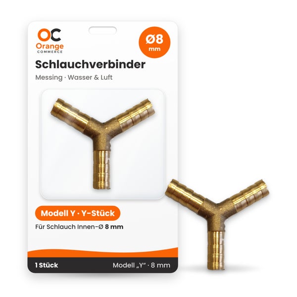 Y Schlauchverbinder aus Messing mit 8 Millimeter Durchmesser für Wasser und Luft in Blisterverpackung von Orange Commerce